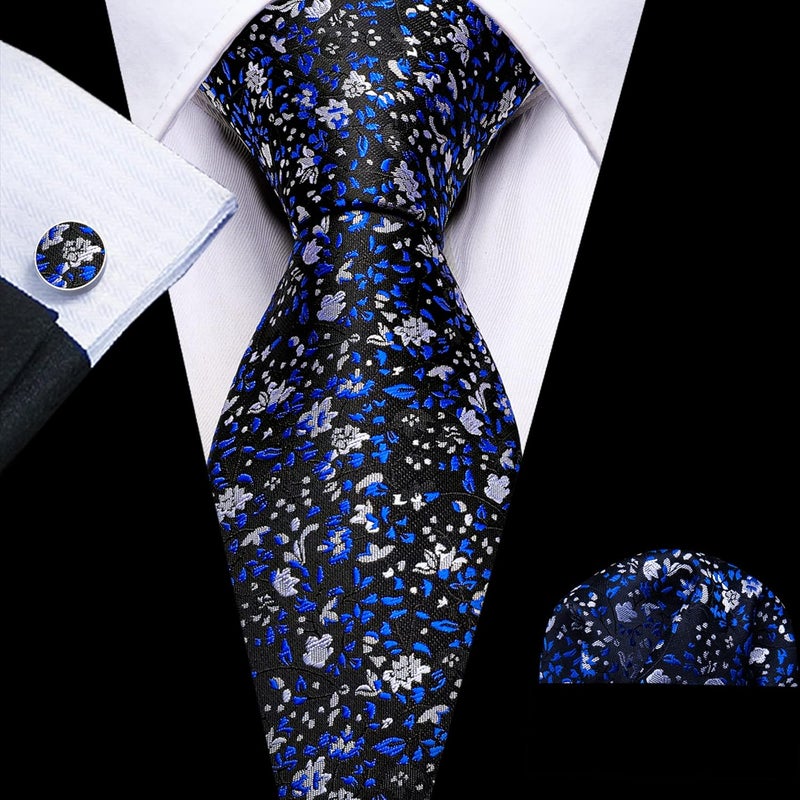 Barry.Wang Store Flower Ties for Men Handkerchief Cufflinks Set Wedding Necktie Set Party - Image 3